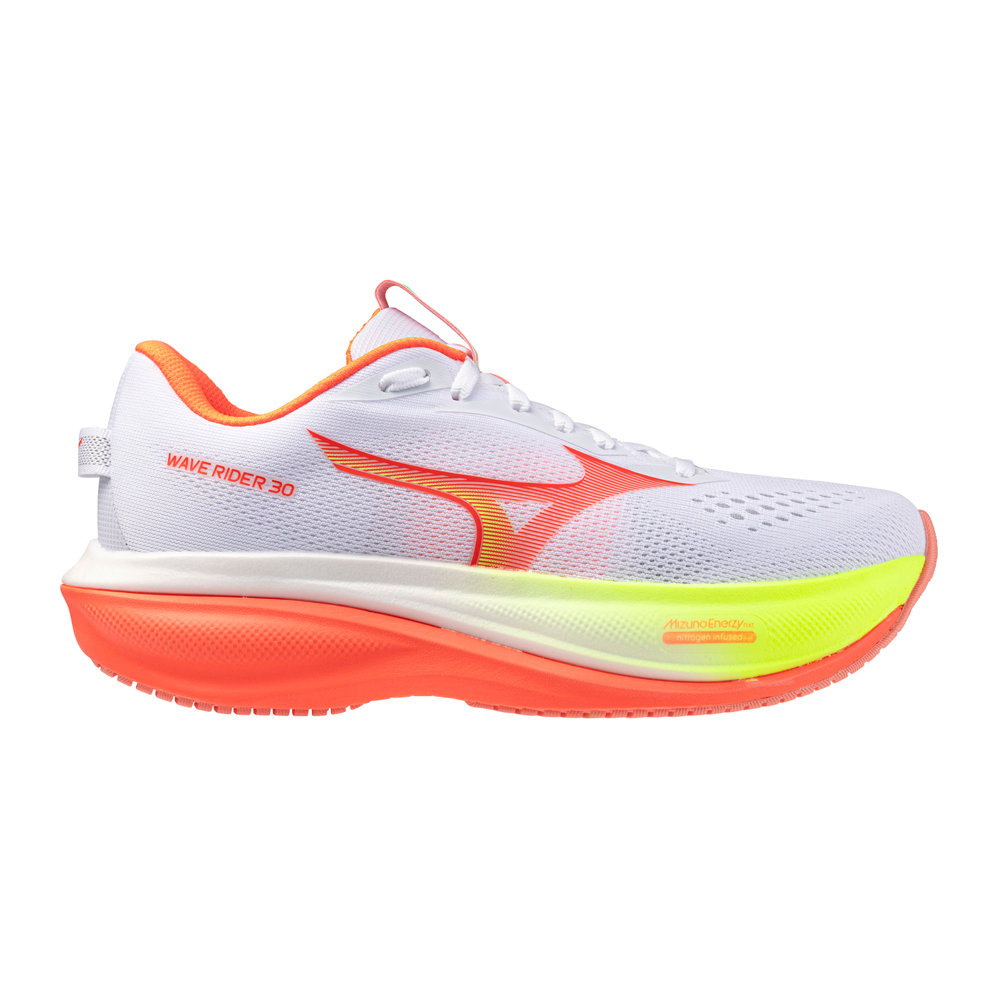 Mizuno Wave Rider 30 | White / Flamingo Coral / Lime Pulp | Womens